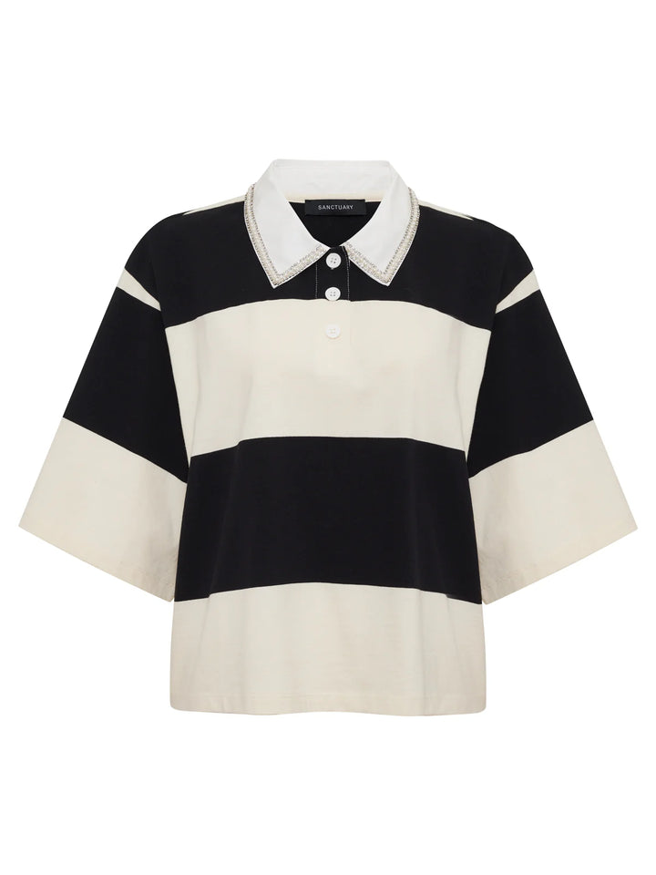 EMBELLISHED POLO TEE (COLLAGEN/BLACK STRIPE) - SANCTUARY