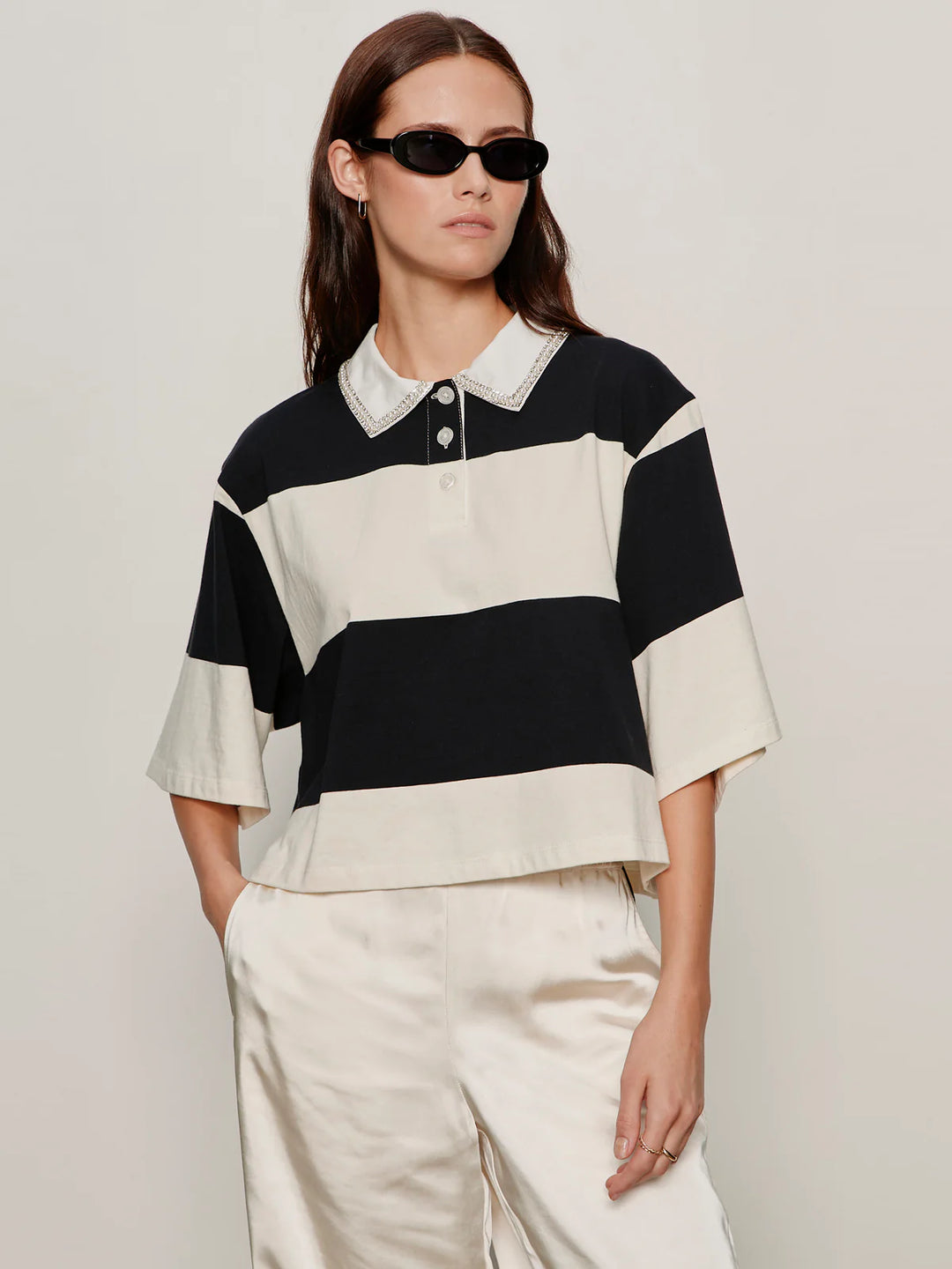 EMBELLISHED POLO TEE (COLLAGEN/BLACK STRIPE) - SANCTUARY