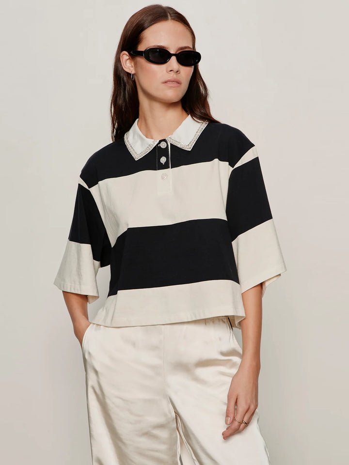 EMBELLISHED POLO TEE (COLLAGEN/BLACK STRIPE) - SANCTUARY