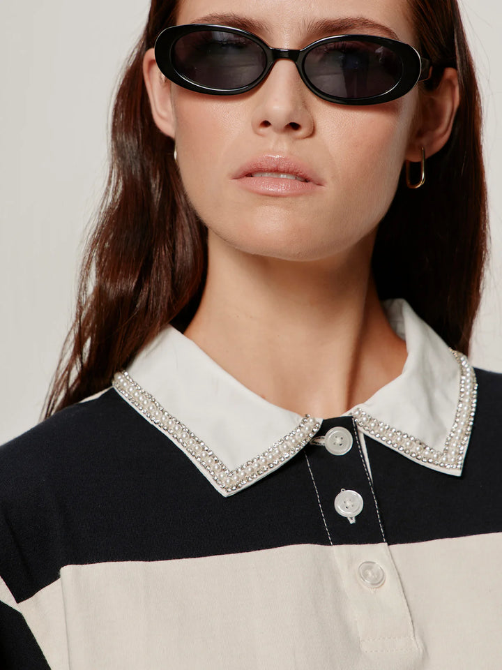 EMBELLISHED POLO TEE (COLLAGEN/BLACK STRIPE) - SANCTUARY