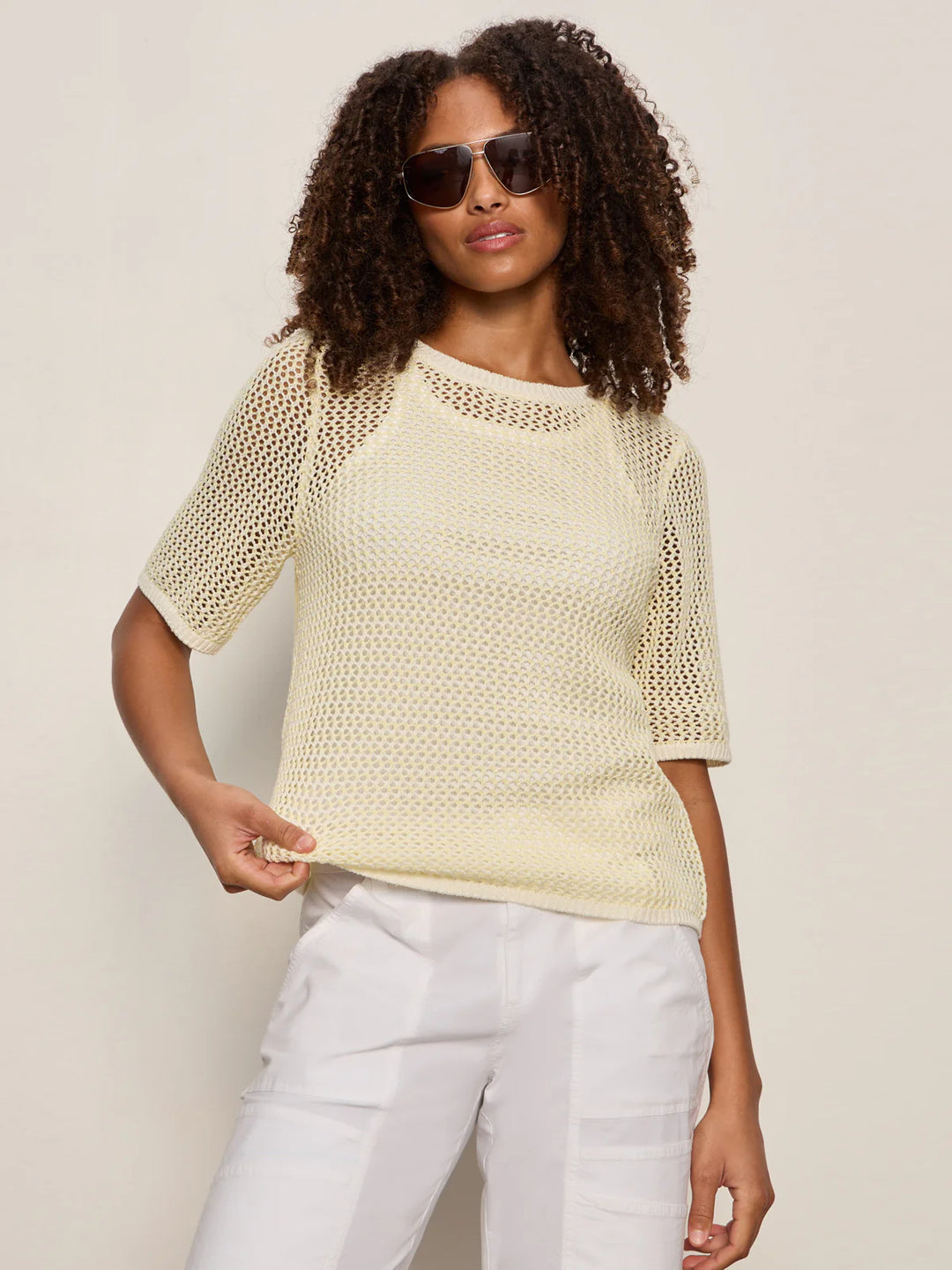 OPEN KNIT SWEATER TEE (LEMON DROP/CHALK) - SANCTUARY