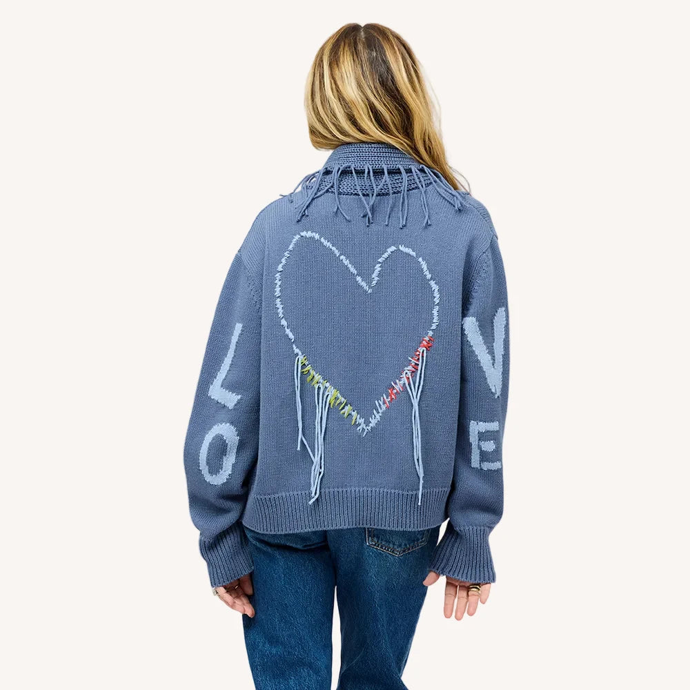 FRINGE SHAWL COLLAR LOVE CARDIGAN (DENIM BLUE) - KERRI ROSENTHAL