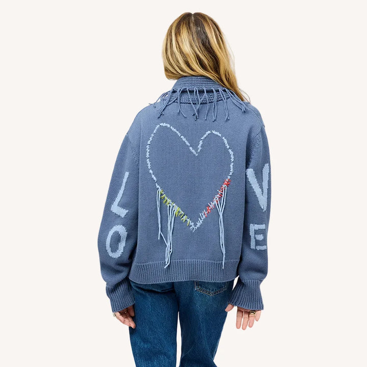 FRINGE SHAWL COLLAR LOVE CARDIGAN (DENIM BLUE) - KERRI ROSENTHAL