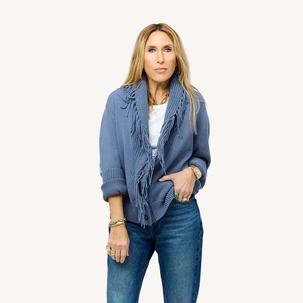 FRINGE SHAWL COLLAR LOVE CARDIGAN (DENIM BLUE) - KERRI ROSENTHAL
