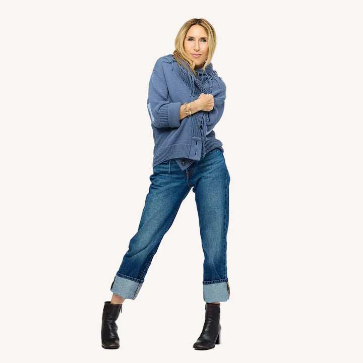 FRINGE SHAWL COLLAR LOVE CARDIGAN (DENIM BLUE) - KERRI ROSENTHAL