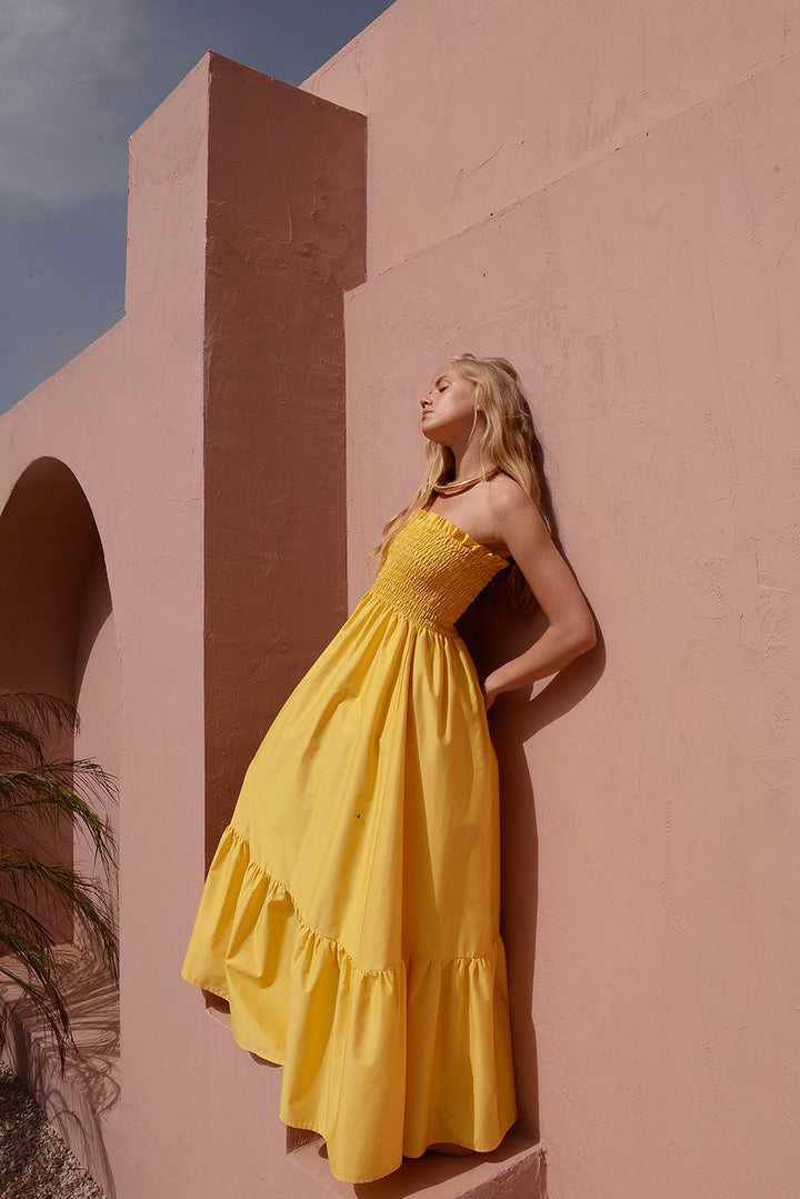 COSMOS STRAPLESS SMOCKED MAXI DRESS (LEMON) - KASIA