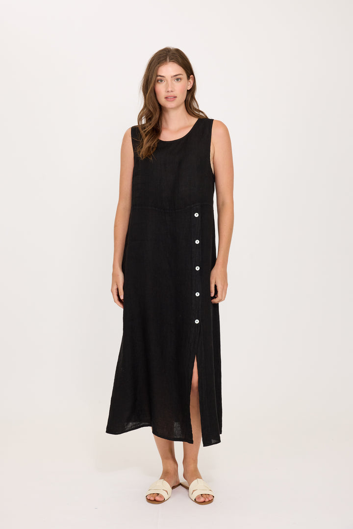 SLEEVELESS SIDE BUTTON LINEN DRESS (BLACK) - PISTACHE