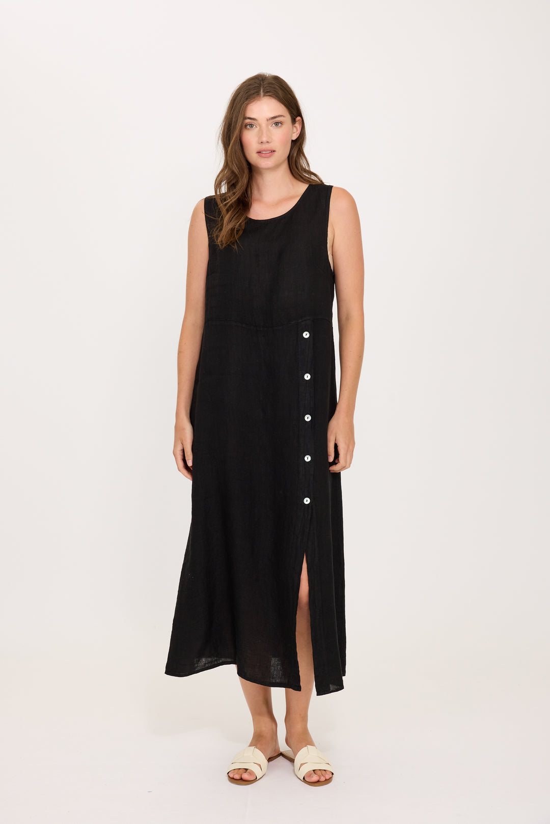 SLEEVELESS SIDE BUTTON LINEN DRESS (BLACK) - PISTACHE