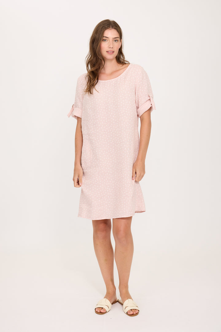 LINEN DRESS W/ ROLL UP CLASP SLEEVES (POLKA DOTTED PINK) - PISTACHE