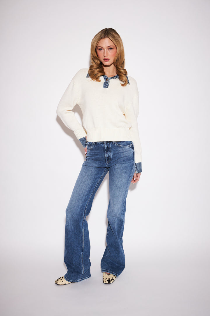 ELTON DENIM COLLAR SWEATER (OXFORD DENIM) - JOHN+JENN