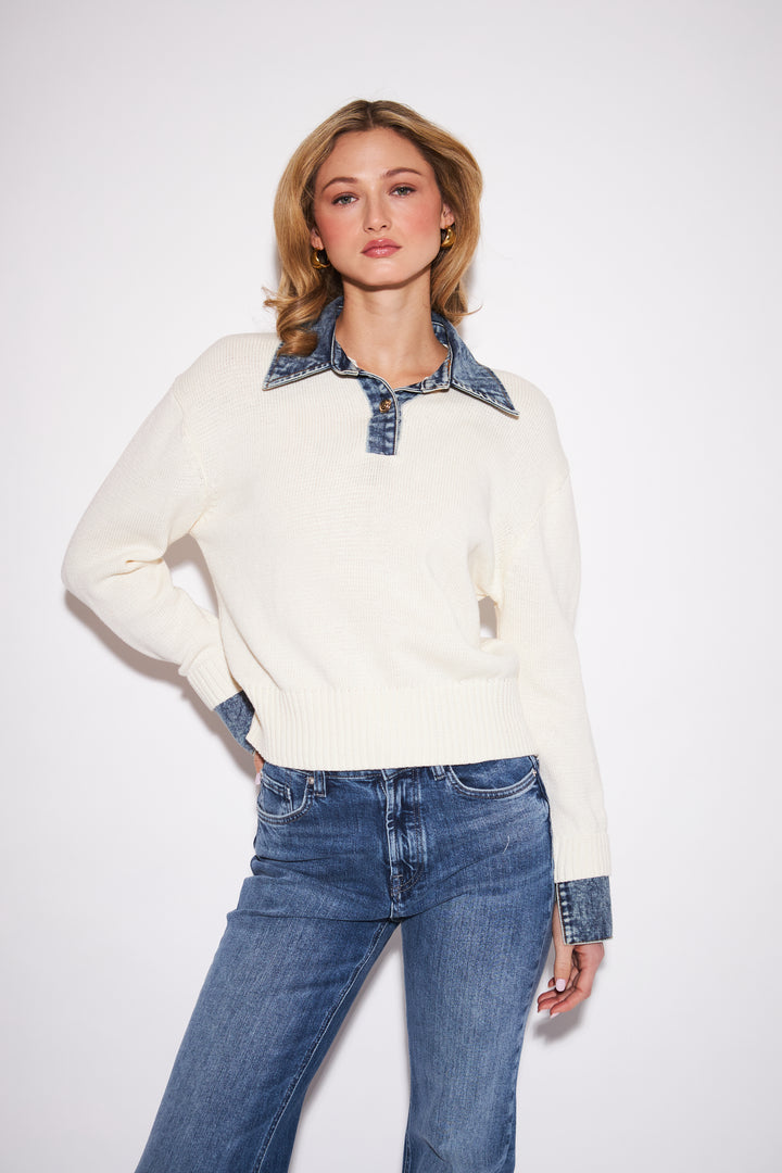 ELTON DENIM COLLAR SWEATER (OXFORD DENIM) - JOHN+JENN