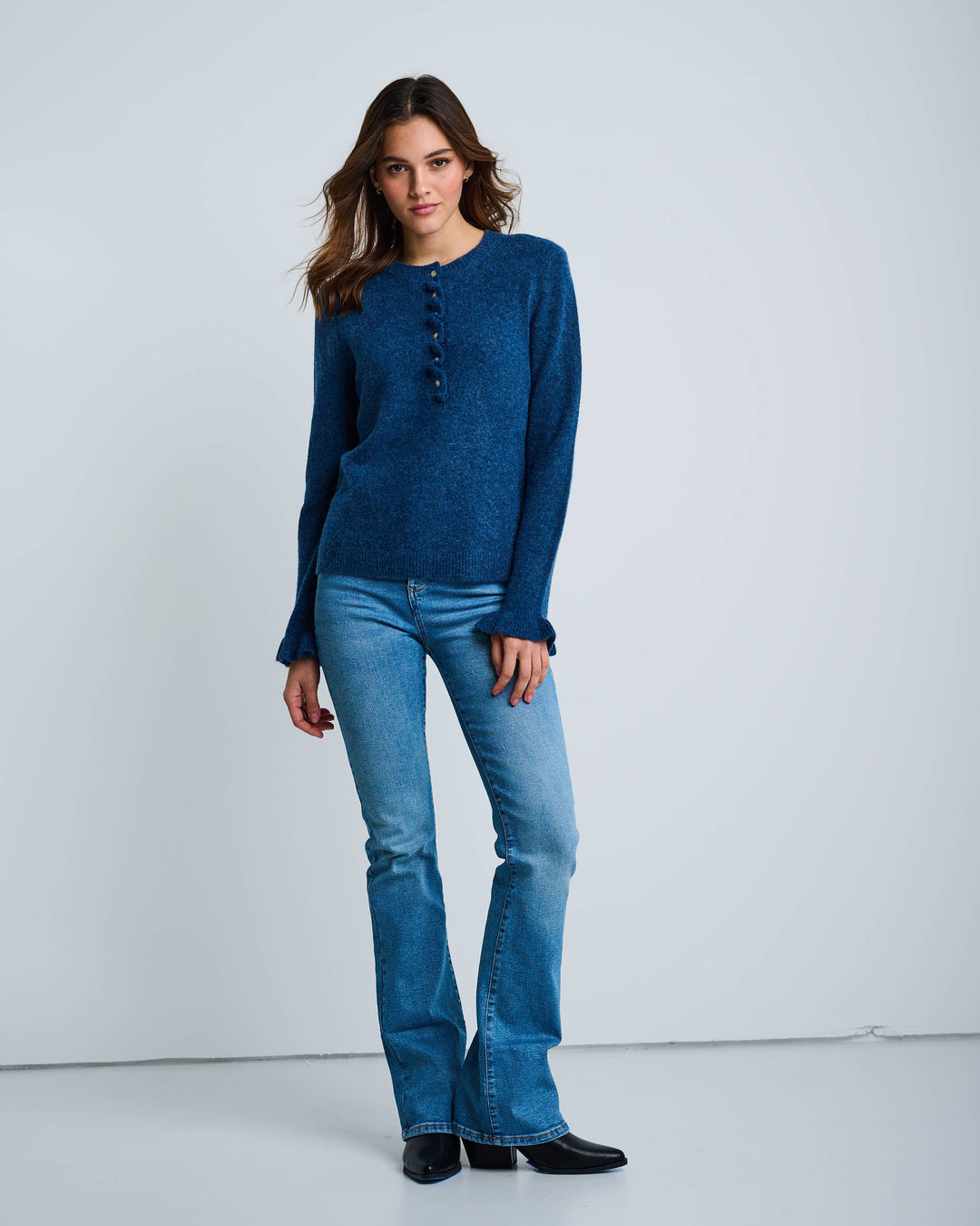 ALLURE FRILL SLEEVE SWEATER (DENIM) - LISA TODD