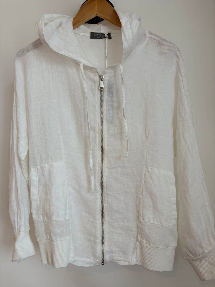 LINEN HOODED JACKET W/COTTON TRIM (WHITE) - PISTACHE