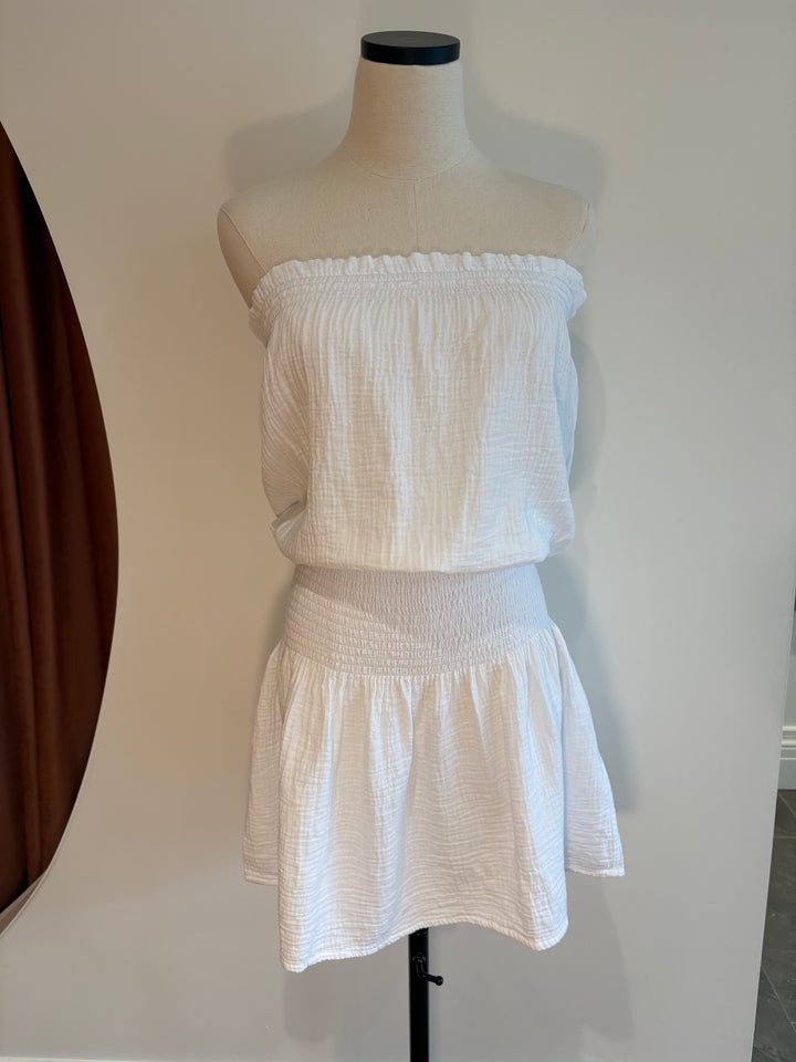 SMOCKED TUBE COVER UP DRESS (WHITE) - BOBI
