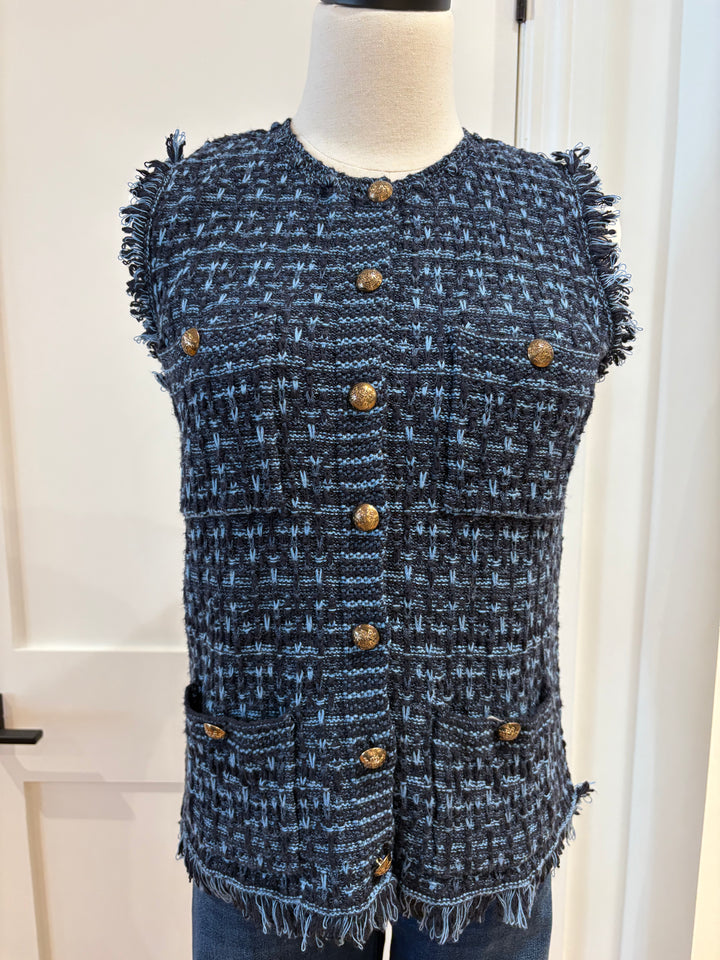 LONG TWEED VEST W/FRINGE (NAVY BLUE COMBO) - AUTUMN CASHMERE