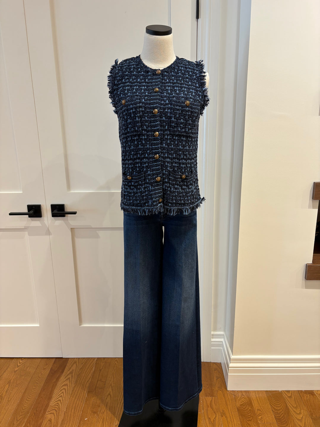 LONG TWEED VEST W/FRINGE (NAVY BLUE COMBO) - AUTUMN CASHMERE
