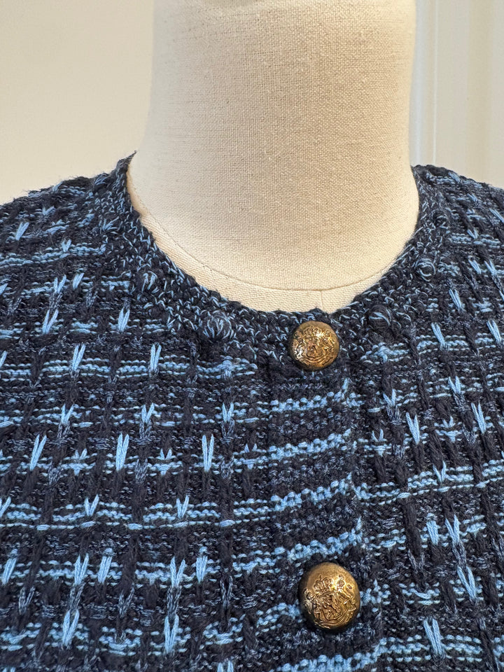 LONG TWEED VEST W/FRINGE (NAVY BLUE COMBO) - AUTUMN CASHMERE