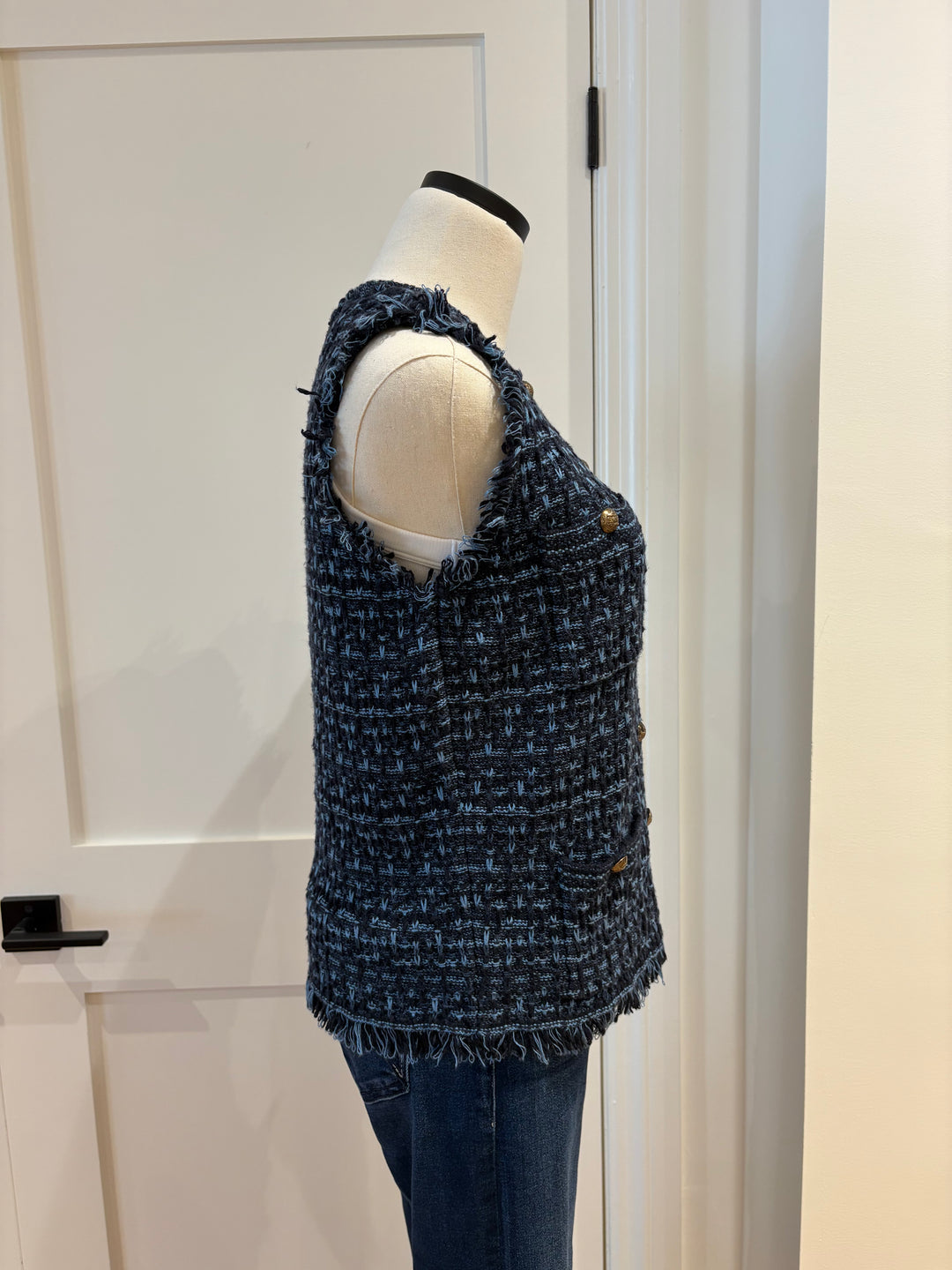 LONG TWEED VEST W/FRINGE (NAVY BLUE COMBO) - AUTUMN CASHMERE