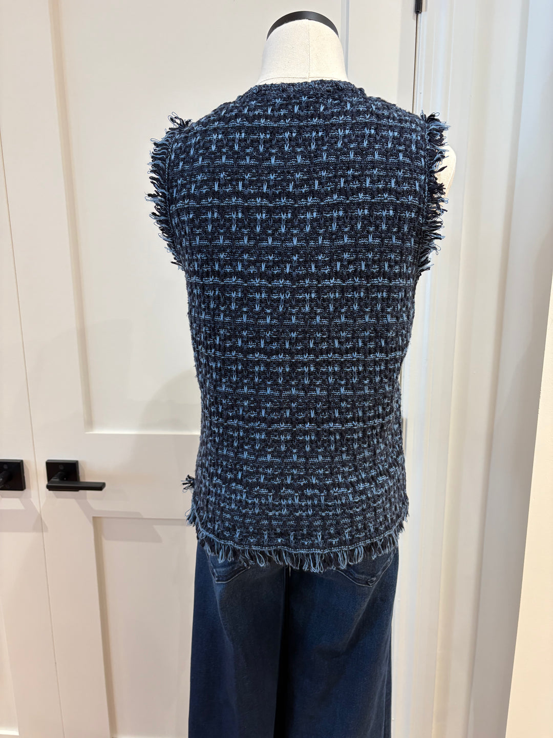 LONG TWEED VEST W/FRINGE (NAVY BLUE COMBO) - AUTUMN CASHMERE