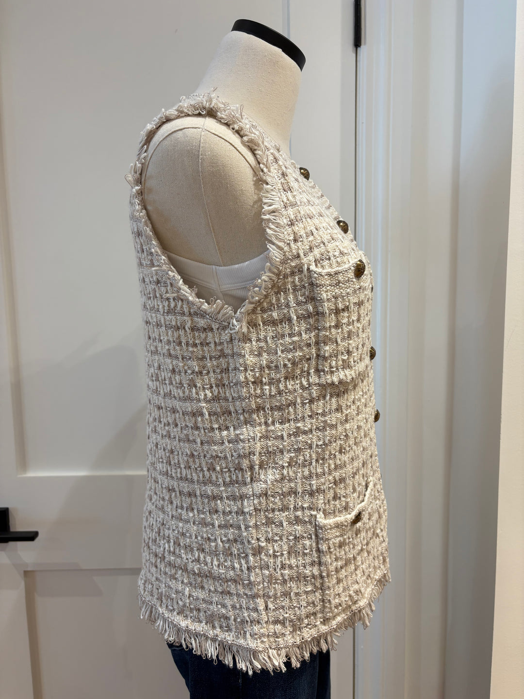 LONG TWEED VEST W/ FRINGE (NATURAL COMBO) - AUTUMN CASHMERE