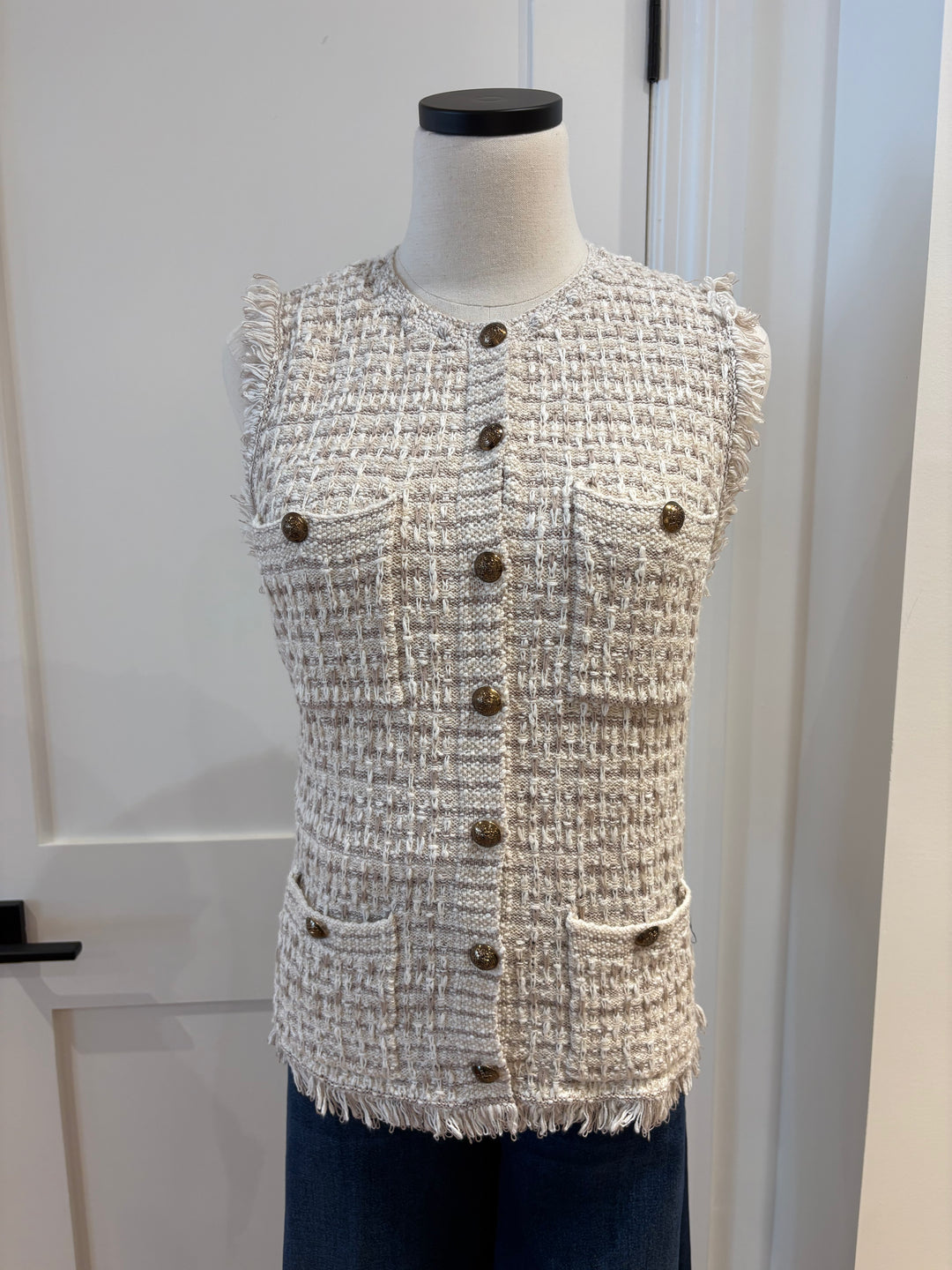 LONG TWEED VEST W/ FRINGE (NATURAL COMBO) - AUTUMN CASHMERE