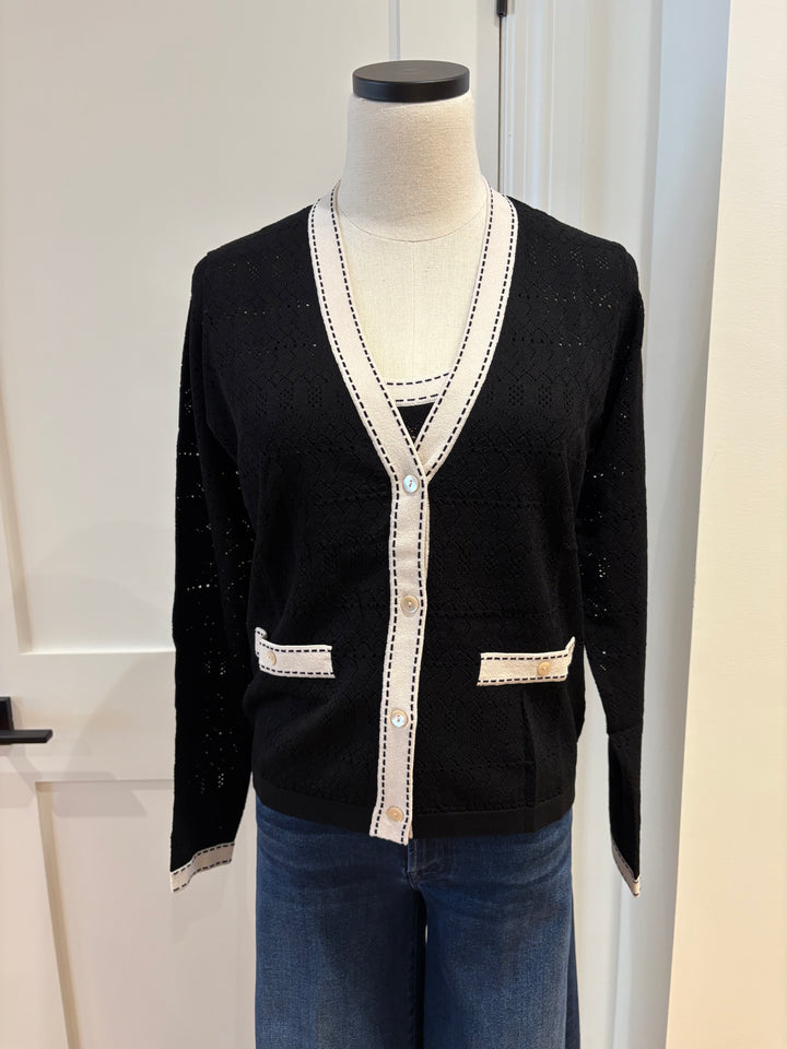 POINTELLE V-NECK CARDIGAN W/SADDLE STITCHING - AUTUMN CASHMERE