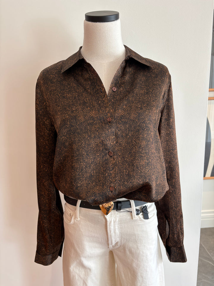 TYLER SILK BLOUSE (BROWN HERRINGBONE) - L'AGENCE