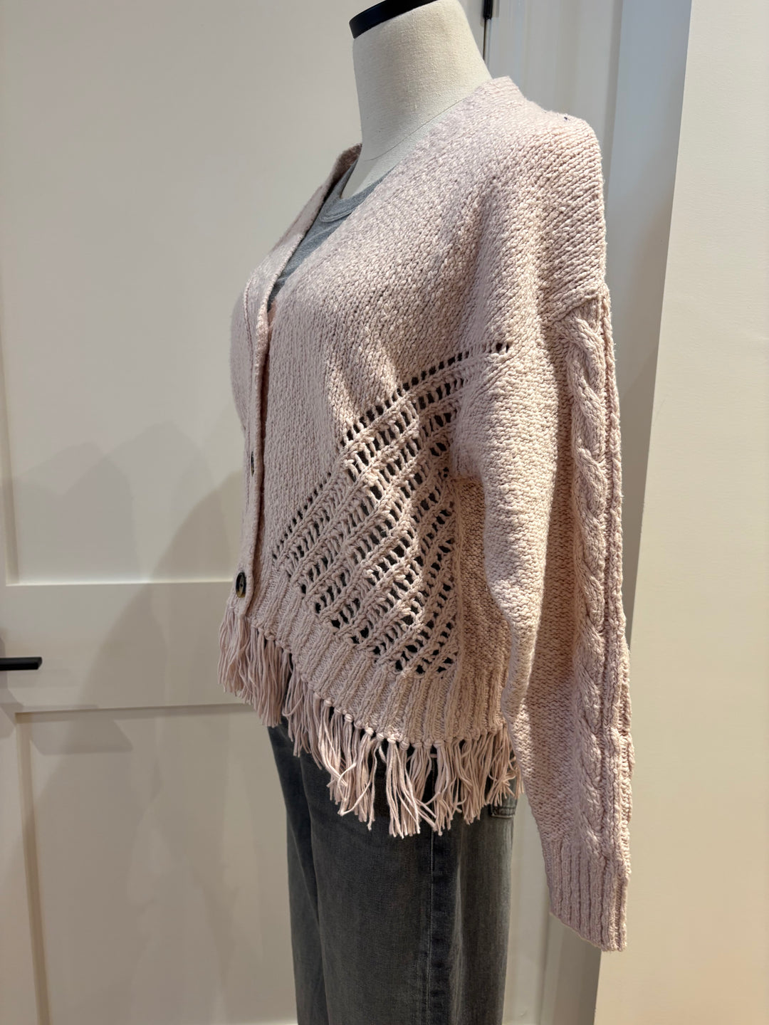 FRINGE MIXED STITCH OPEN CARDIGAN (BALLET SLIPPER) - AUTUMN CASHMERE