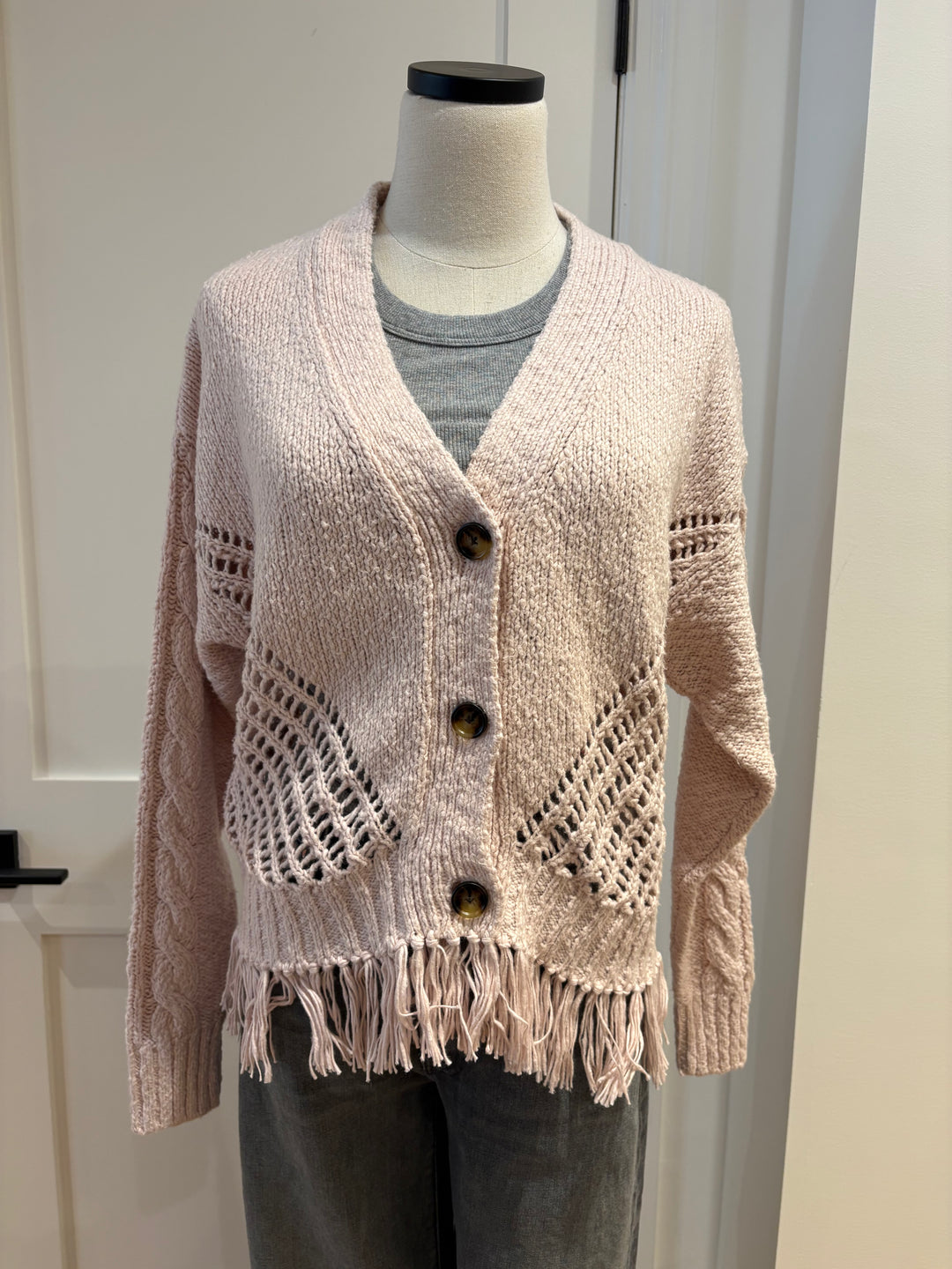 FRINGE MIXED STITCH OPEN CARDIGAN (BALLET SLIPPER) - AUTUMN CASHMERE