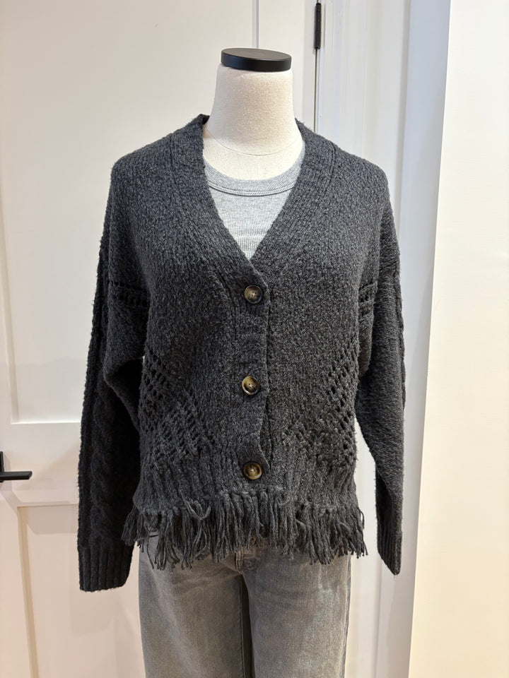 FRINGE MIXED STITCH OPEN CARDIGAN (CHARCOAL) - AUTUMN CASHMERE