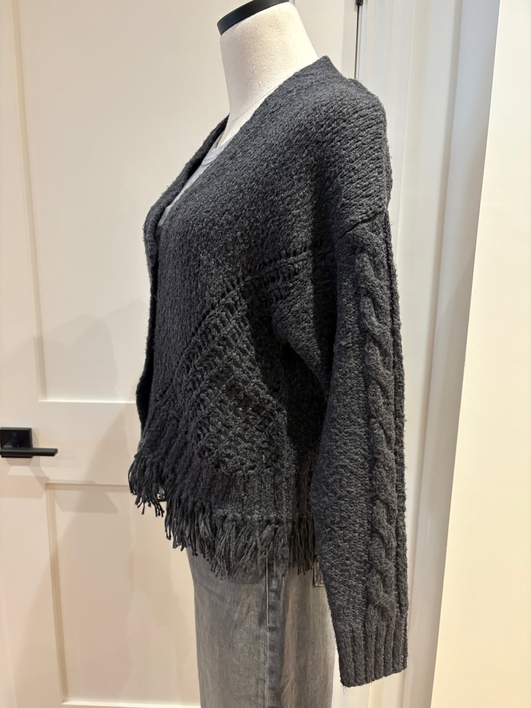 FRINGE MIXED STITCH OPEN CARDIGAN (CHARCOAL) - AUTUMN CASHMERE