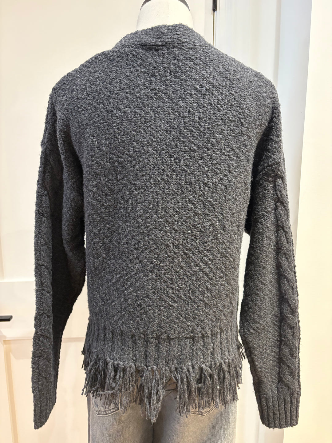 FRINGE MIXED STITCH OPEN CARDIGAN (CHARCOAL) - AUTUMN CASHMERE
