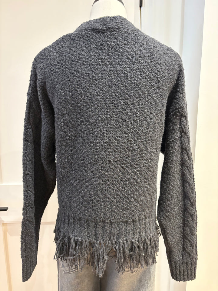 FRINGE MIXED STITCH OPEN CARDIGAN (CHARCOAL) - AUTUMN CASHMERE