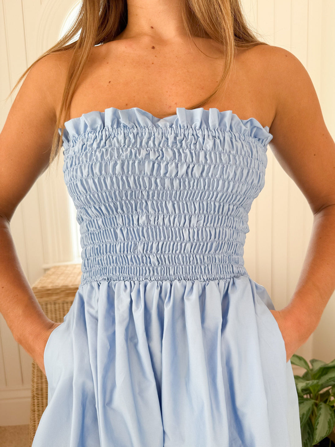 COSMOS STRAPLESS SMOCKED MAXI DRESS (CIEL) - KASIA