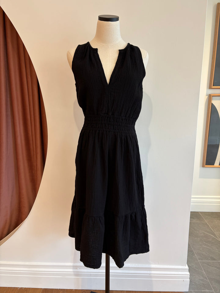 V-NECK GATHERED WAIST MIDI DRESS (BLACK) - BOBI