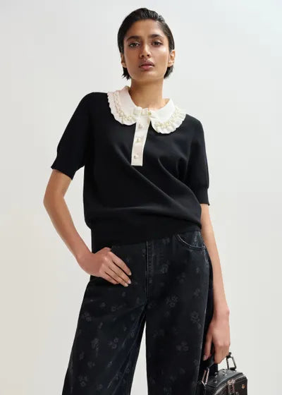 JEWELRY RUFFLE POLO TOP (BLACK) - ESSENTIAL ANTWERP