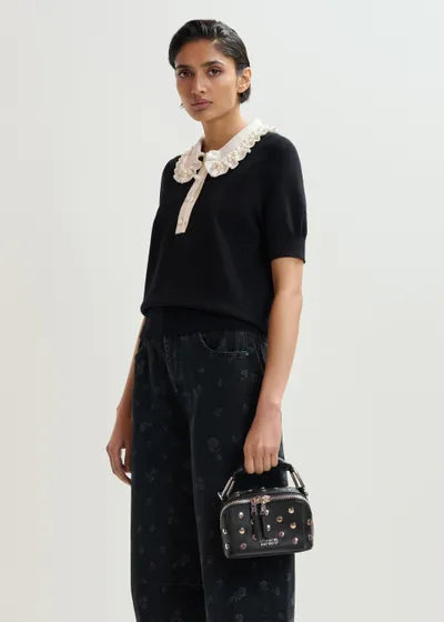JEWELRY RUFFLE POLO TOP (BLACK) - ESSENTIAL ANTWERP