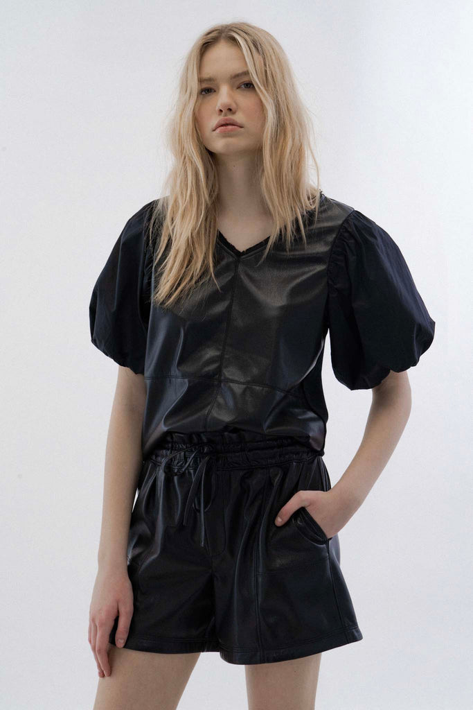 JILLA FAUX LEATHER MIX MEDIA TOP (BLACK) - MELISSA NEPTON