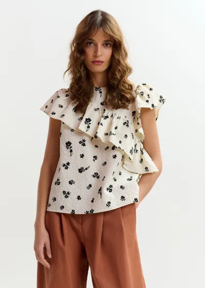 JOOJOO ASYMMETRICAL RUFFLE TOP (WHITE COMBO) - ESSENTIAL ANTWERP