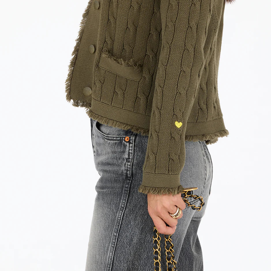 BEAU-LERO FRINGE CABLE CARDIGAN (ARMY GREEN) - KERRI ROSENTHAL