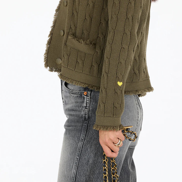 BEAU-LERO FRINGE CABLE CARDIGAN (ARMY GREEN) - KERRI ROSENTHAL