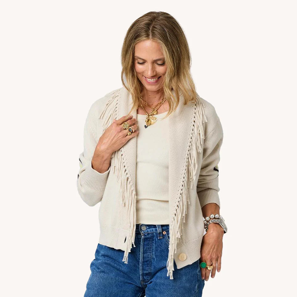 FRINGE SHAWL COLLAR CARDIGAN (CHALK) - KERRI ROSENTHAL