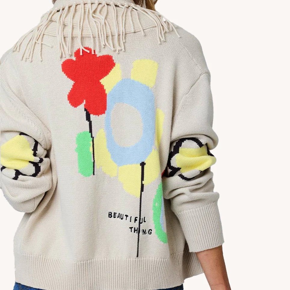 FRINGE SHAWL COLLAR CARDIGAN (CHALK) - KERRI ROSENTHAL