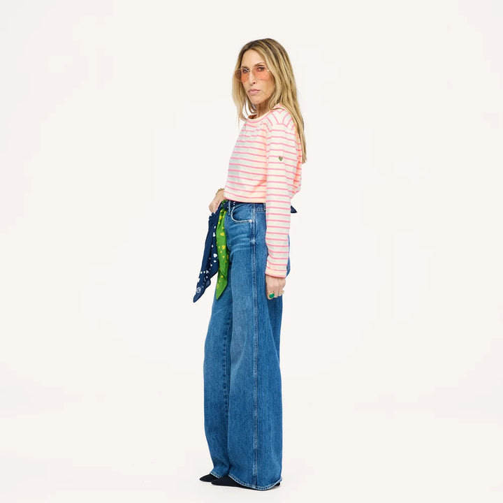 KR LONG SLEEVE STRIPE TEE (NATURAL-NEON PINK) - KERRI ROSENTHAL