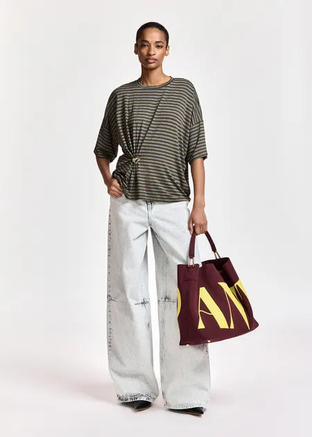 KRISS STRIPED T-SHIRT W/ BROOCH (KHAKI COMBO) - ESSENTIAL ANTWERP