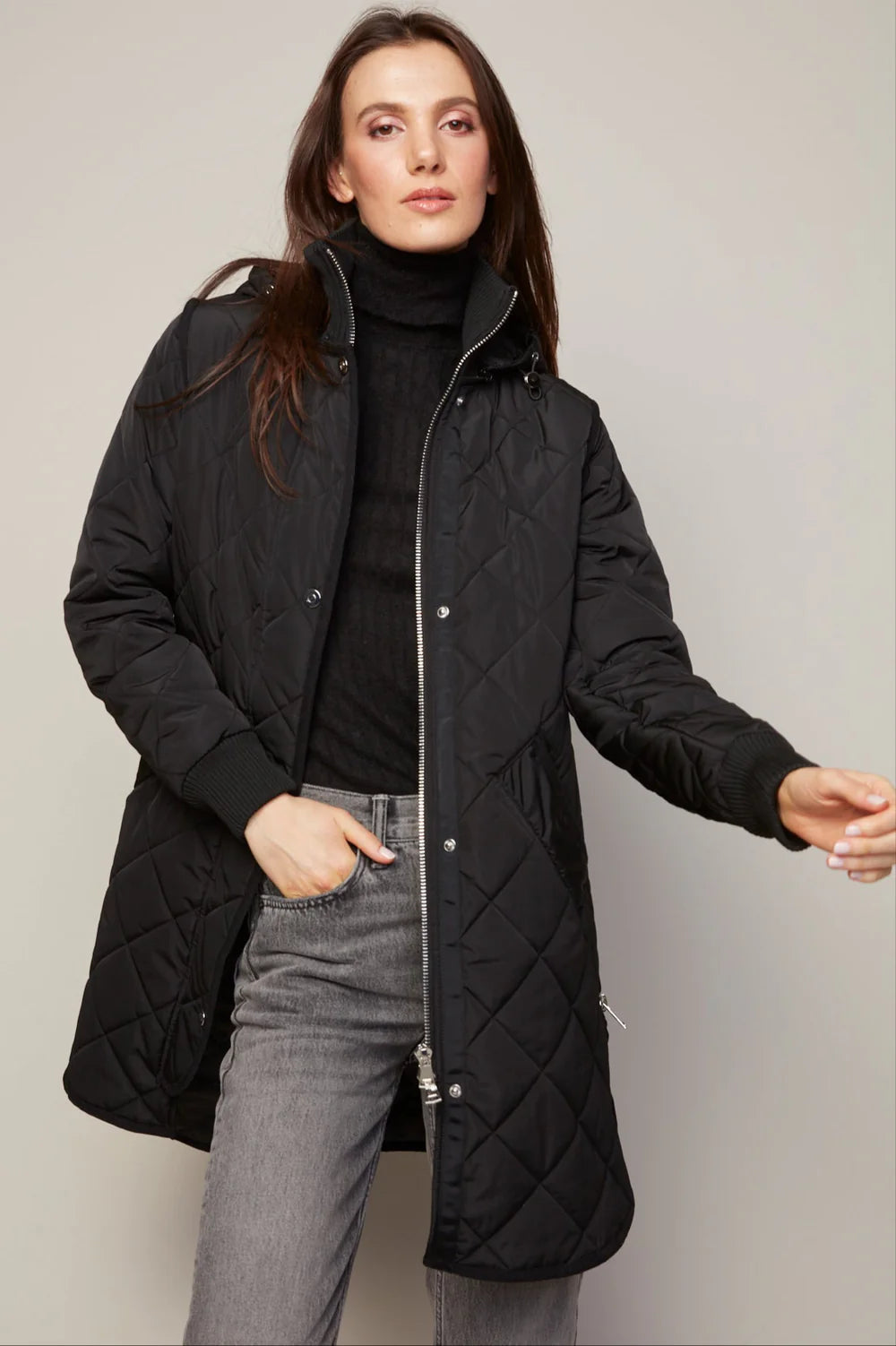 LIBBY QUILTED FULL ZIP COAT (BLACK) - ADROIT ATELIER