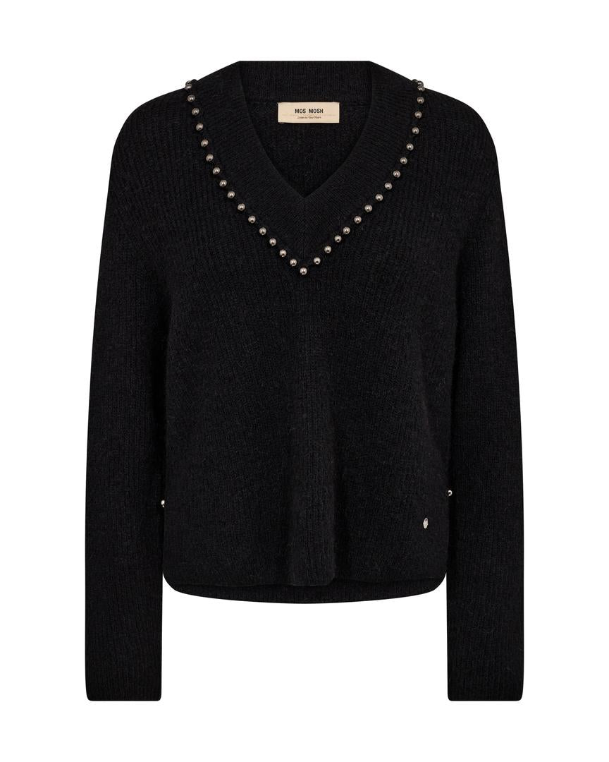 ZORA V-NECK BEAD KNIT SWEATER (BLACK) - MOS MOSH