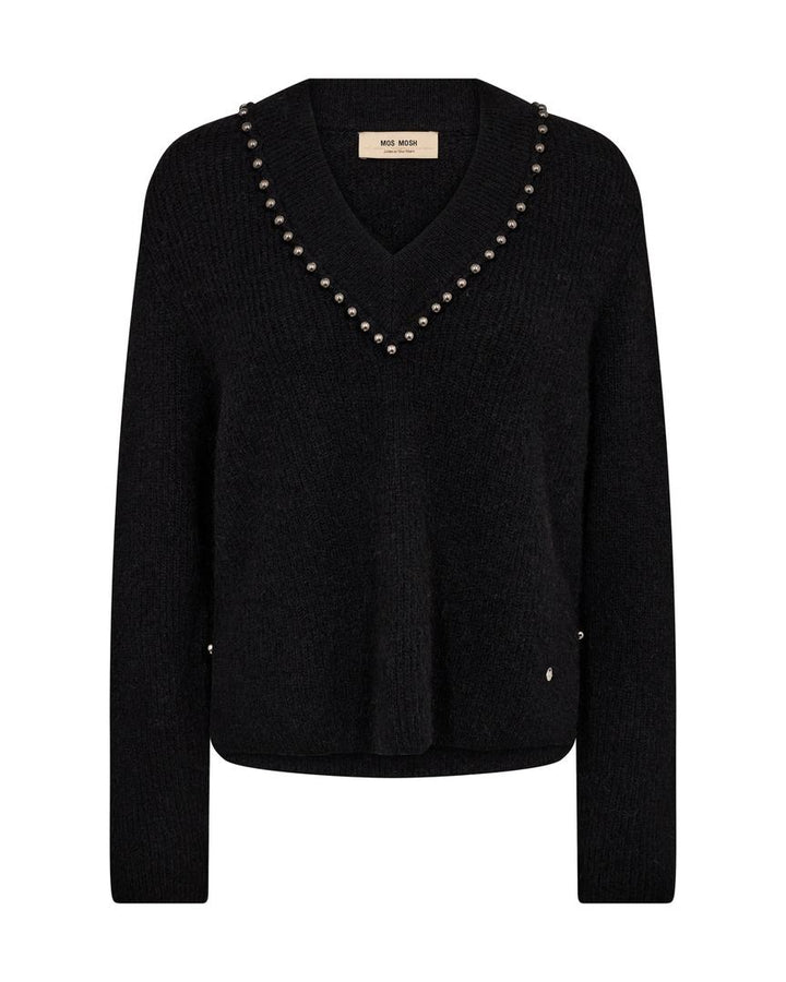 ZORA V-NECK BEAD KNIT SWEATER (BLACK) - MOS MOSH