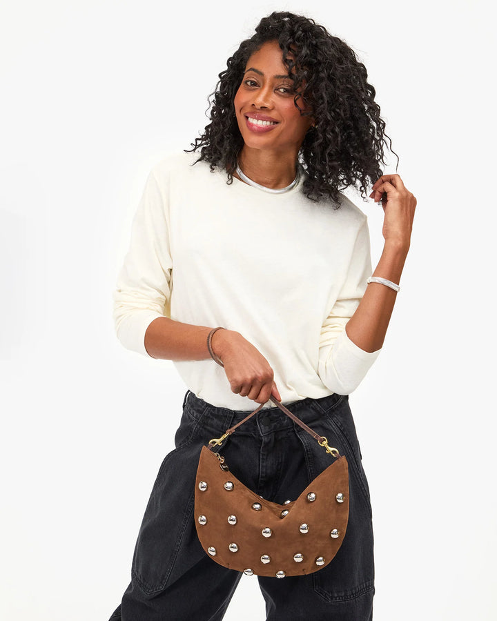 LUNE SMOOTH NUBUCK BAG WITH STUDS (CHOCO BAR) - CLARE V.