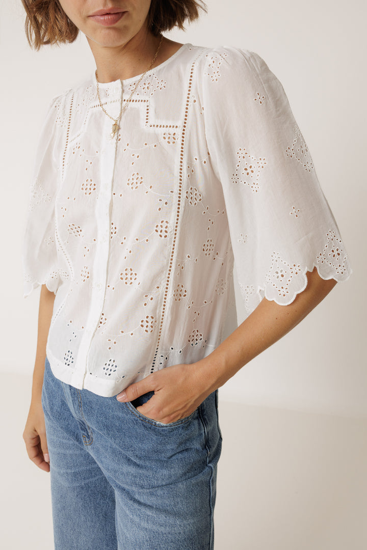 BUTTON UP EYELET BLOUSE (BLANCO) - INDI&COLD